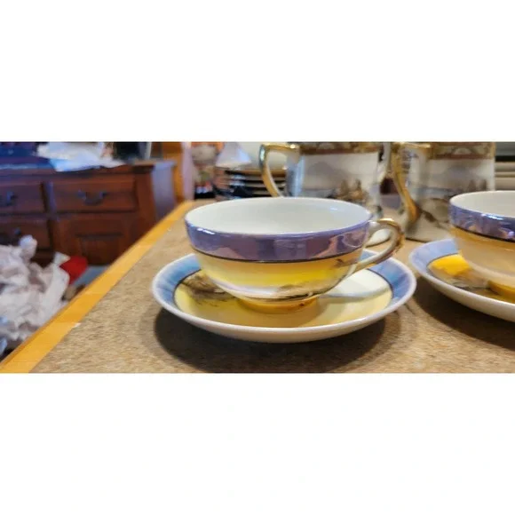 Vintage Teacup and Saucer Set Swan Crane Landscape Oriental Design - Picture 9 of 9